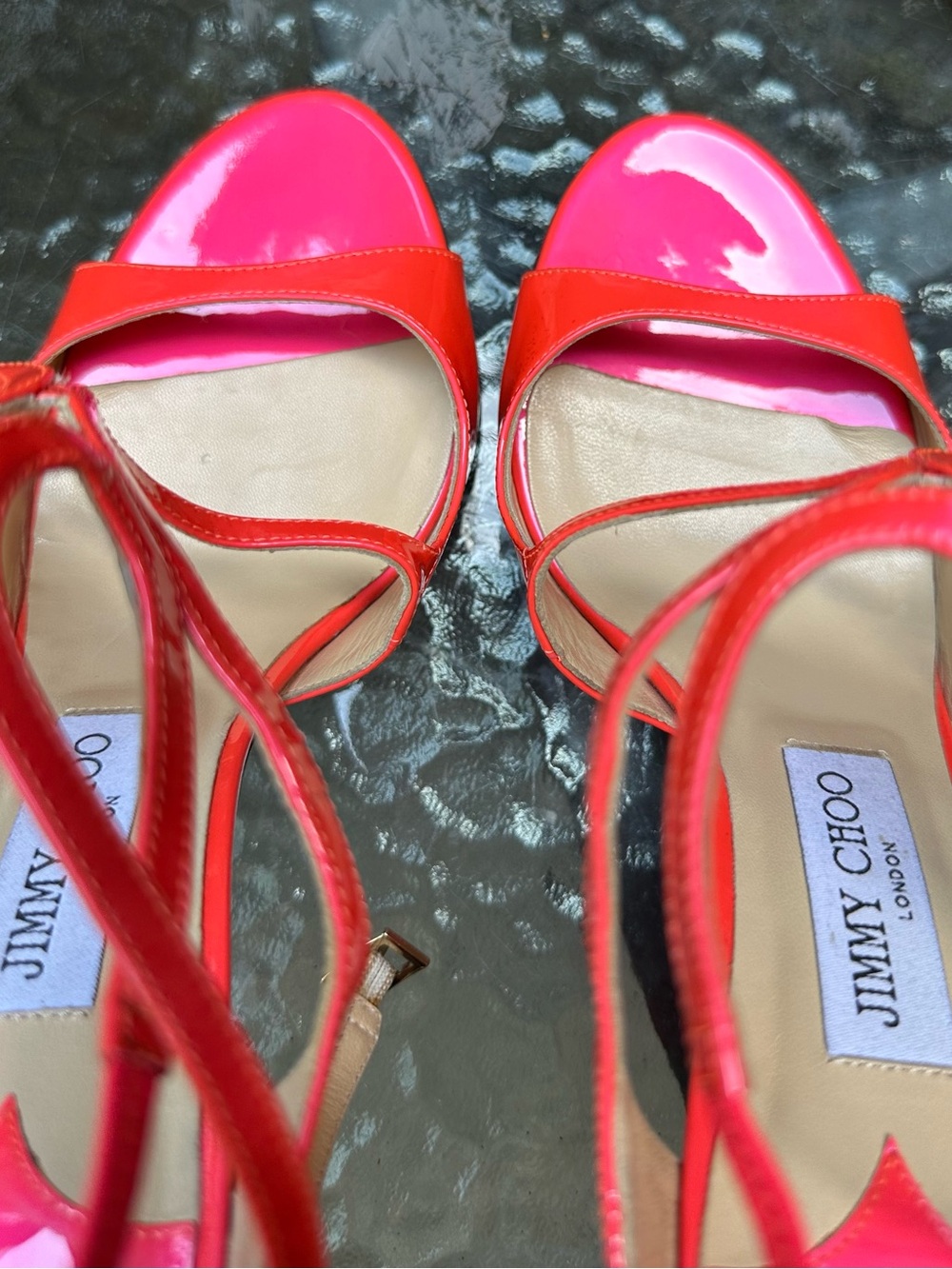 Jimmy Choo Lance Neon Pink Patent Leather Strappy Sandals - Picture 8 of 16